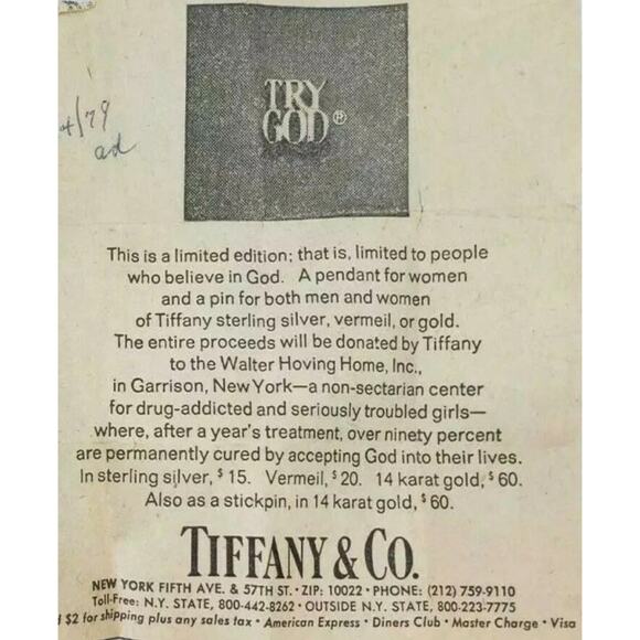 Vintage '70s Tiffany & Co Sterling Gold Overlay TRY GOD Vermeil Lapel Pin - Picture 5 of 5